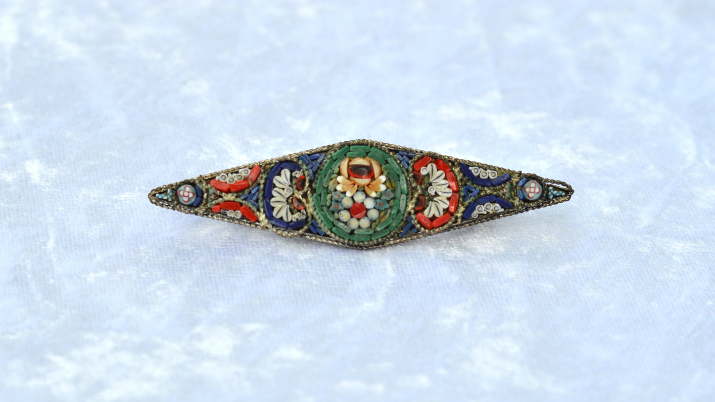 Antique 1920s Italian Micro Mosaic Marquise Bar Brooch Pin 2.75x0.75" C-Clasp Italy