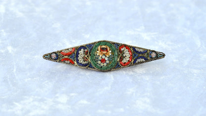 Antique 1920s Italian Micro Mosaic Marquise Bar Brooch Pin 2.75x0.75" C-Clasp Italy