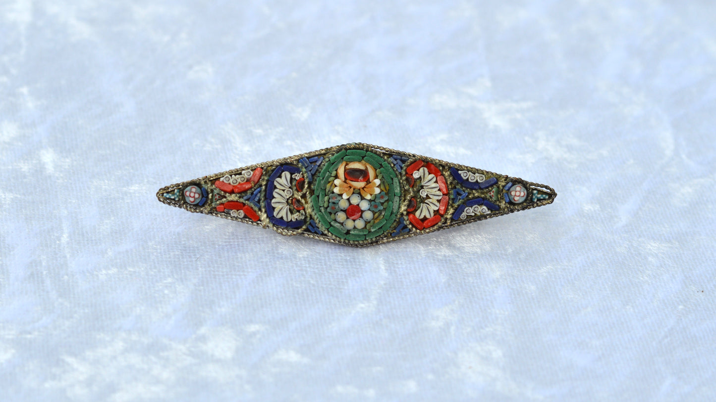 Antique 1920s Italian Micro Mosaic Marquise Bar Brooch Pin 2.75x0.75" C-Clasp Italy