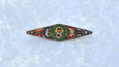 Antique 1920s Italian Micro Mosaic Marquise Bar Brooch Pin 2.75x0.75" C-Clasp Italy
