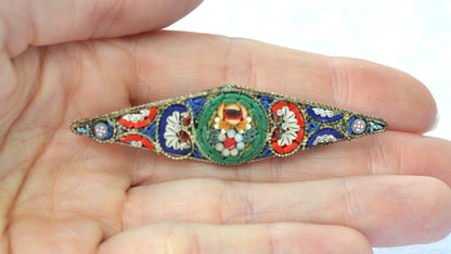 Antique 1920s Italian Micro Mosaic Marquise Bar Brooch Pin 2.75x0.75" C-Clasp Italy