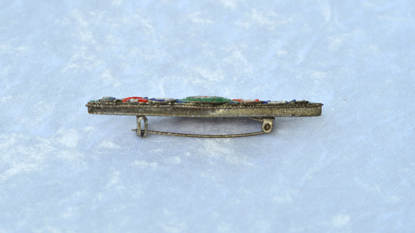 Antique 1920s Italian Micro Mosaic Marquise Bar Brooch Pin 2.75x0.75" C-Clasp Italy