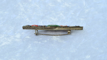 Antique 1920s Italian Micro Mosaic Marquise Bar Brooch Pin 2.75x0.75" C-Clasp Italy