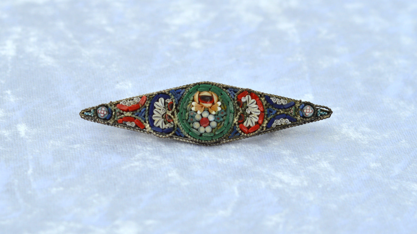 Antique 1920s Italian Micro Mosaic Marquise Bar Brooch Pin 2.75x0.75" C-Clasp Italy