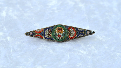 Antique 1920s Italian Micro Mosaic Marquise Bar Brooch Pin 2.75x0.75" C-Clasp Italy
