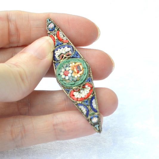 Antique 1920s Italian Micro Mosaic Marquise Bar Brooch Pin 2.75x0.75" C-Clasp Italy