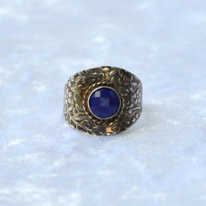 Vintage Sterling Silver Blue Sapphire Medallion Cocktail Ring Size 7 Two Tone 925