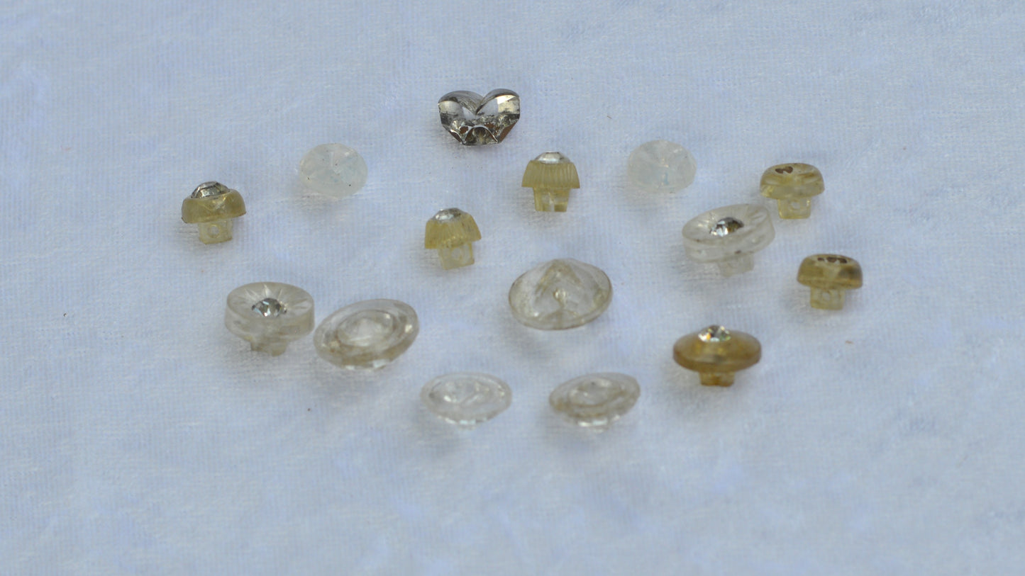 Vintage Rhinestone Clear Glass Button Lot, 1930s Self-Shank Blouse 15pc Set