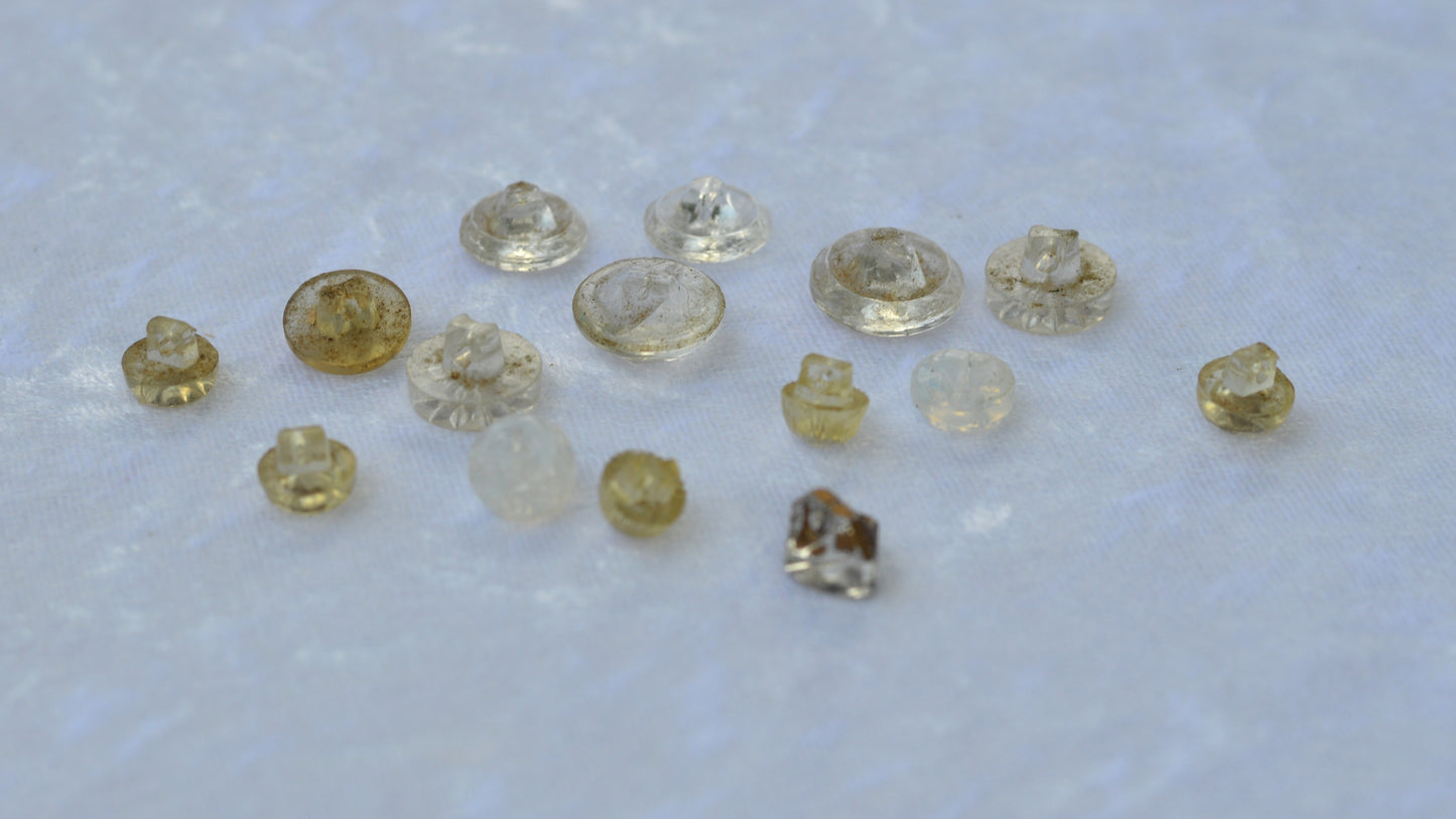 Vintage Rhinestone Clear Glass Button Lot, 1930s Self-Shank Blouse 15pc Set