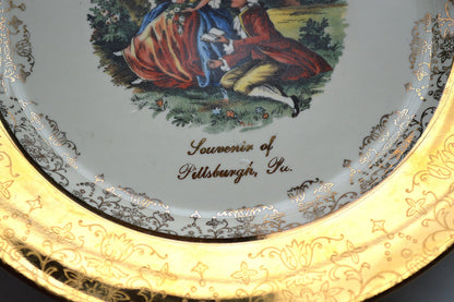 Vintage Sabin Crest-O-Gold 22K Gold Souvenir Plate – Pittsburgh, PA – Fragonard Courting Couple – Mid Century Colonial Style Decor