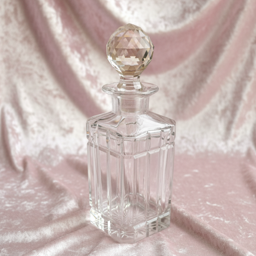 Antique Faceted UV Reactive Glass Decanter 16-Pointed Star on Bottom with Faceted Stopper