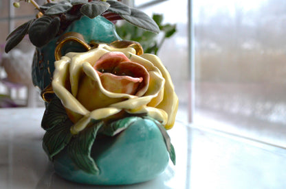 Vintage Signed Barbara McCorkle Ceramic Shoe Planter As-Is Turquoise Rose 7", Flawed