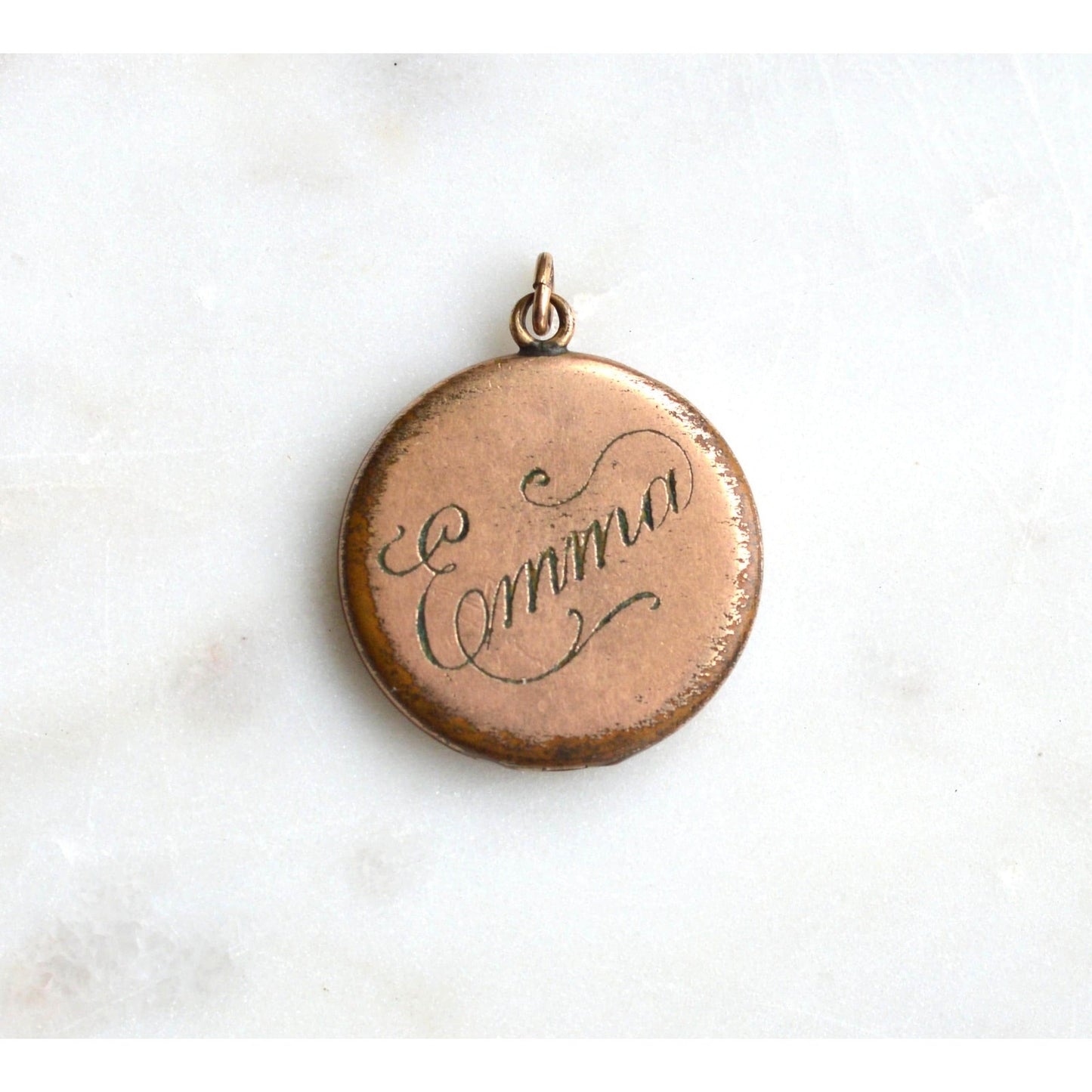 Antique Edwardian Locket by SBC Co. – Double-Sided Hand-Engraved "Emma" & Lucky Pinstripe Paste Horseshoe Pendant – Circa 1910 Gold Filled