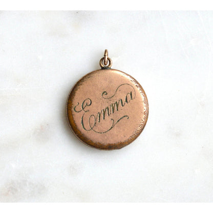 Antique Edwardian Locket by SBC Co. – Double-Sided Hand-Engraved "Emma" & Lucky Pinstripe Paste Horseshoe Pendant – Circa 1910 Gold Filled