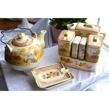 Vintage Brown & Richie "Oriental Gardens" Ceramic Tea and Condiment Caddy Set
