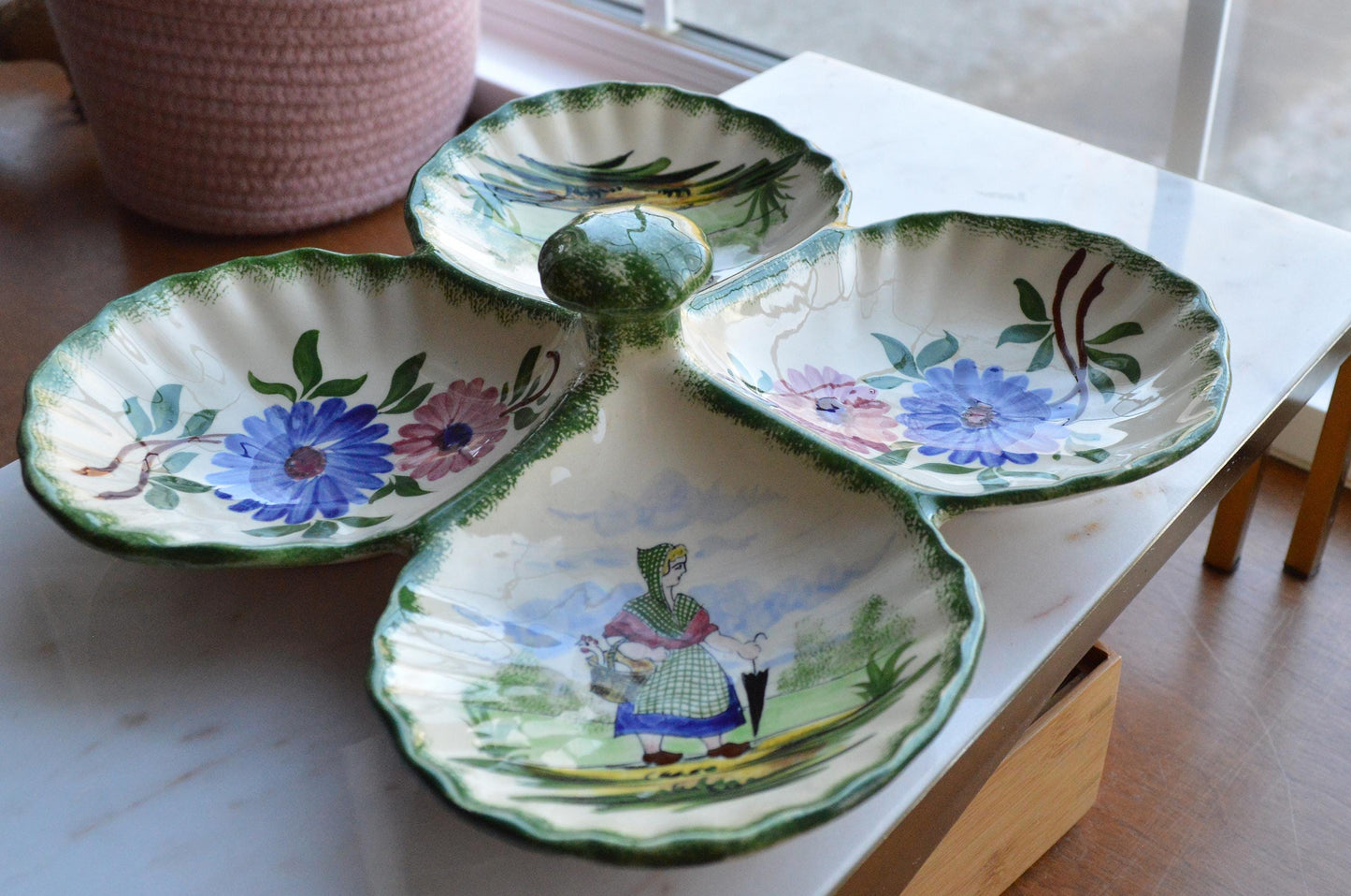 Vintage French Gabriel Fourmaintraux Desvres Hand-Painted Faience 4-Section Serving Dish