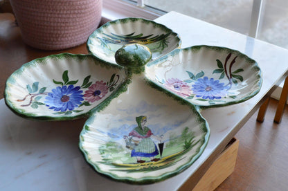 Vintage French Gabriel Fourmaintraux Desvres Hand-Painted Faience 4-Section Serving Dish