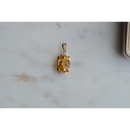 14K Gold Citrine Diamond Pendant – Mid-Century Floral Halo Estate Jewelry
