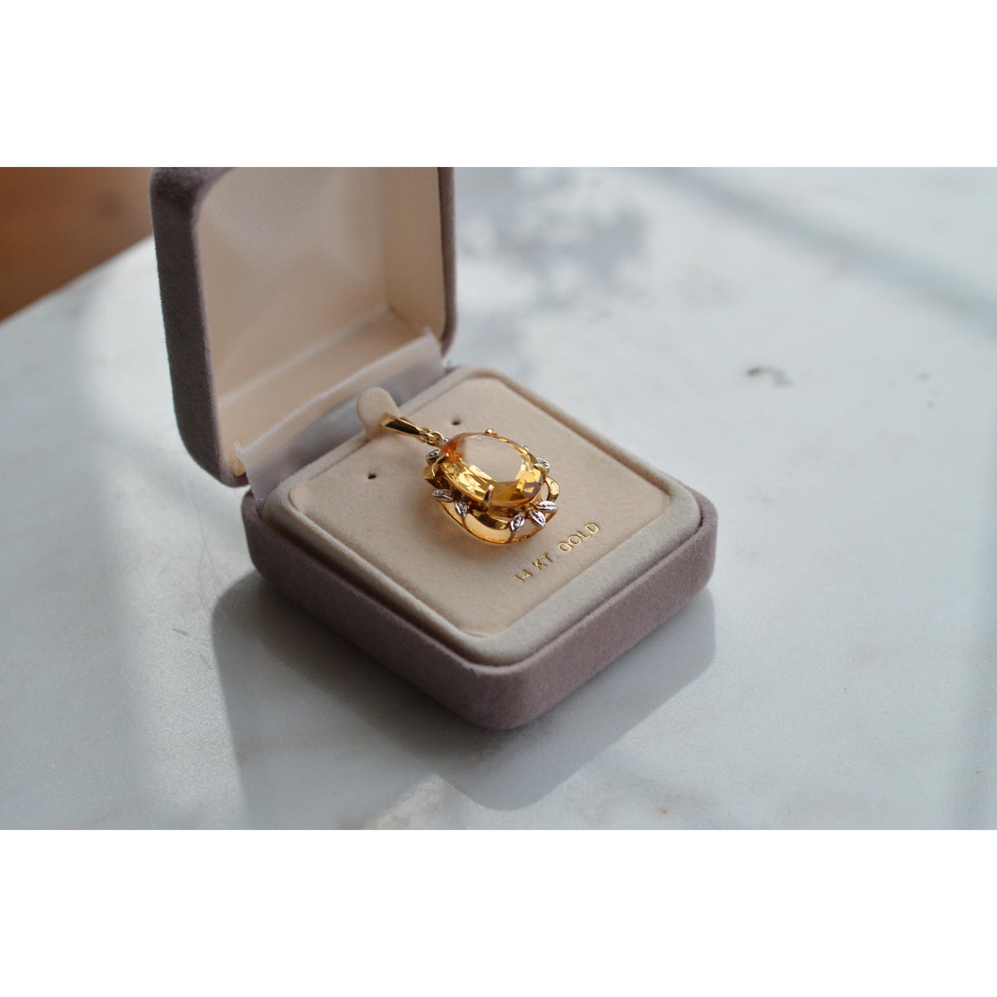 14K Gold Citrine Diamond Pendant – Mid-Century Floral Halo Estate Jewelry