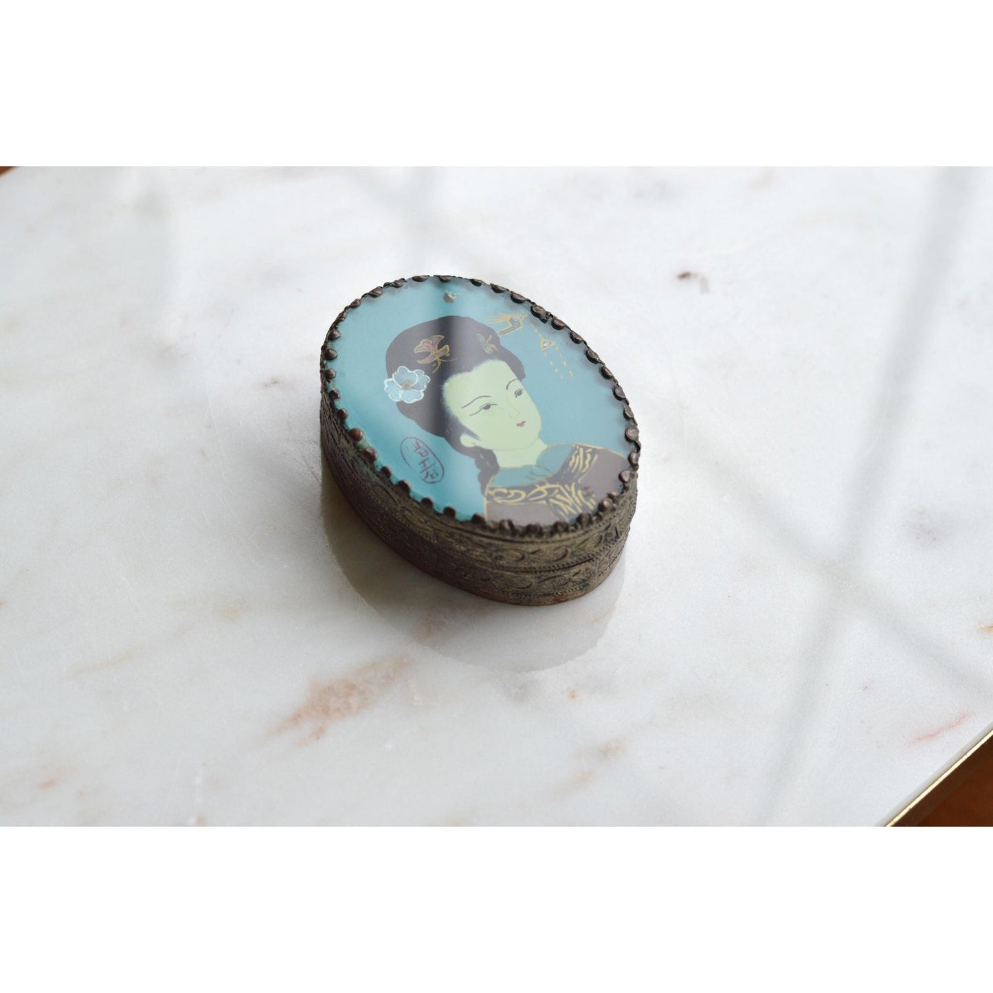 Vintage 1950s Chinese Reverse Painted Glass Zhaojun Trinket Box, Mirror Lid 2.6"