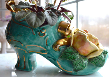 Vintage Signed Barbara McCorkle Ceramic Shoe Planter As-Is Turquoise Rose 7", Flawed