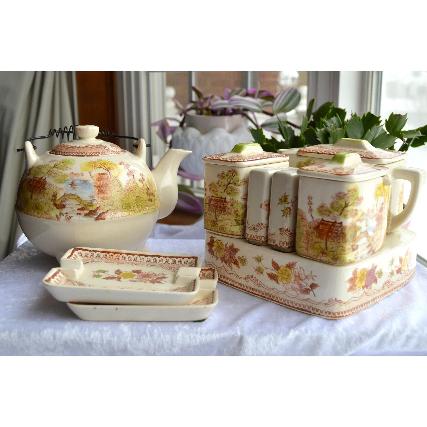 Vintage Brown & Richie "Oriental Gardens" Ceramic Tea and Condiment Caddy Set