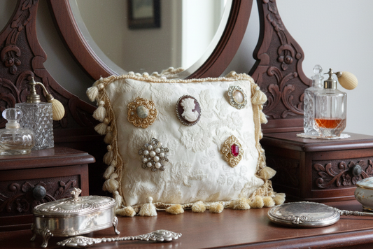 Vintage Victorian Style Damask Brooch Display Pillow | 9.5" Ivory Floral Brocade | Removable Insert with Side Zipper | Ornate Tassel Fringe | Grandmillennial Decor