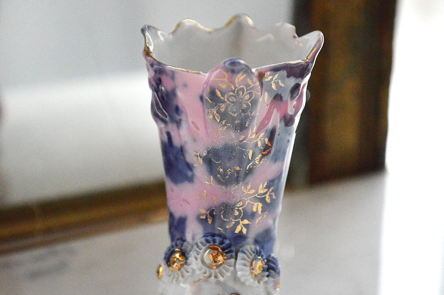Vintage Victorian Porcelain Boot Figurine – Pink & Cobalt Blue Marbled Bud Vase – 3D Applied Flowers – Antique German Souvenir Shoe