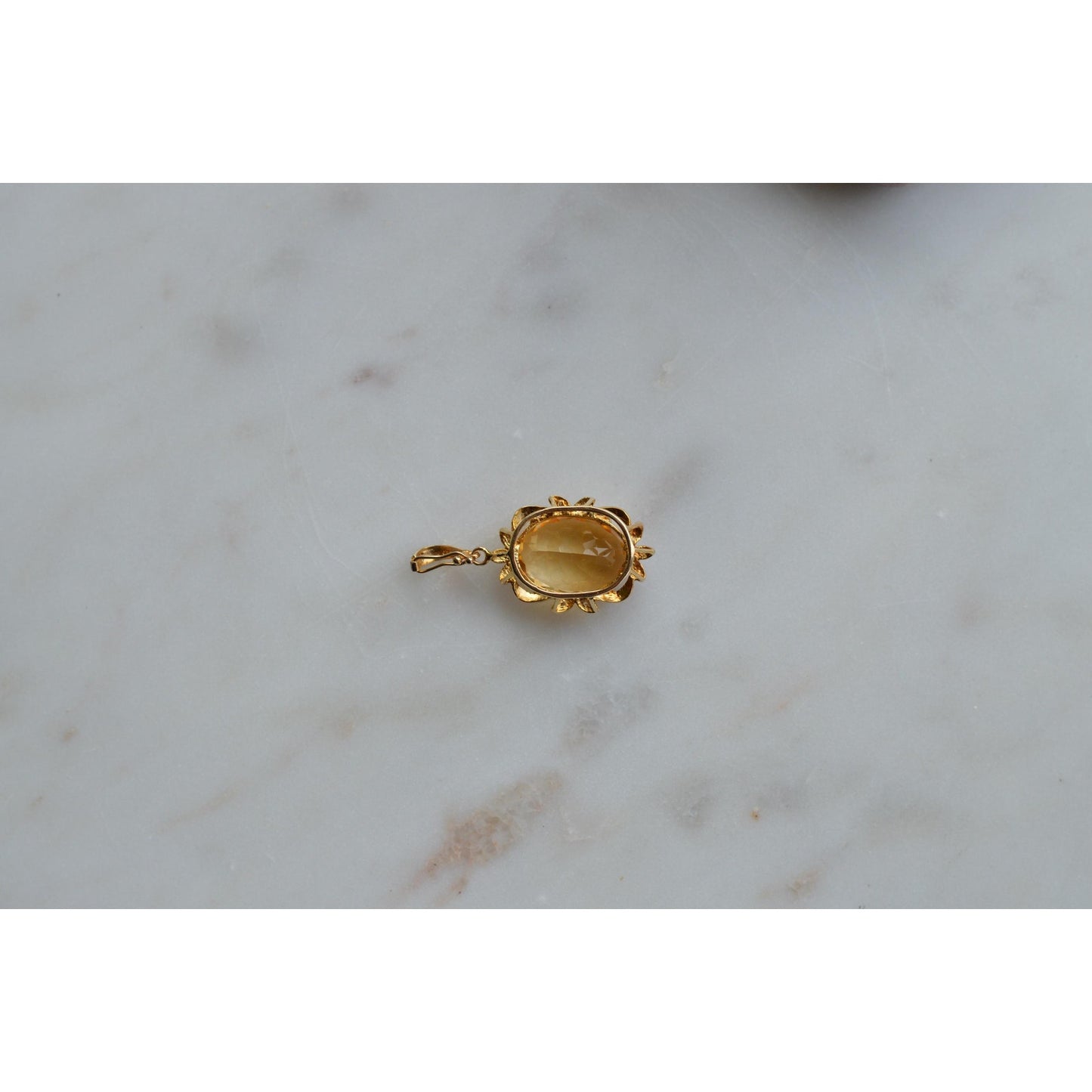14K Gold Citrine Diamond Pendant – Mid-Century Floral Halo Estate Jewelry