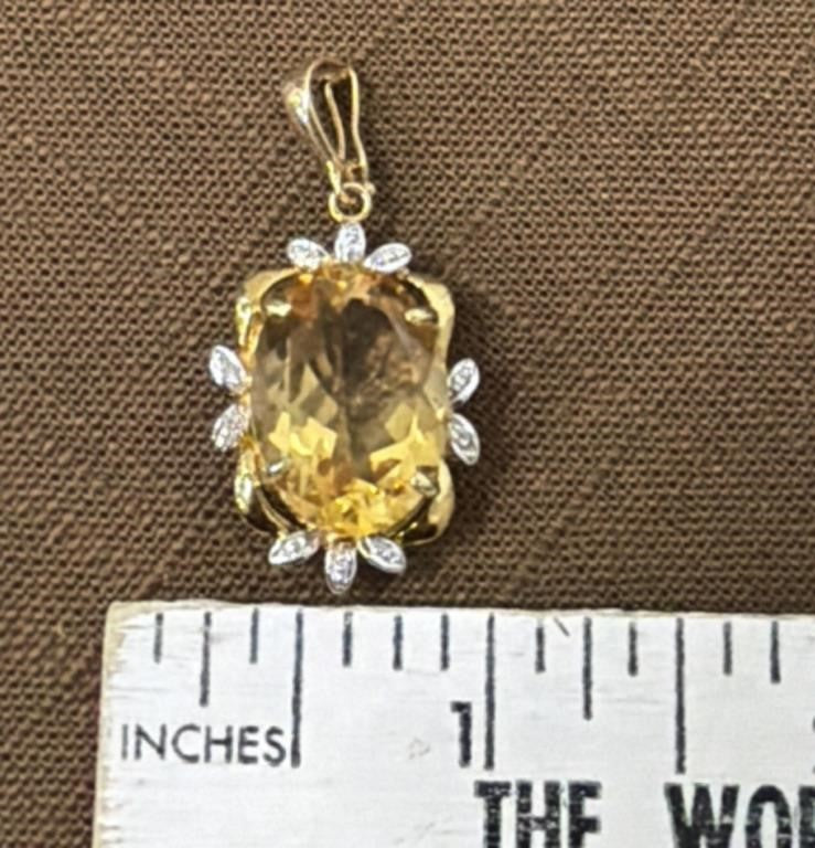 Large Vintage 14K Gold Citrine & Diamond Pendant - Oval Pendant Floral Halo - Mid-Century Statement Estate Jewelry