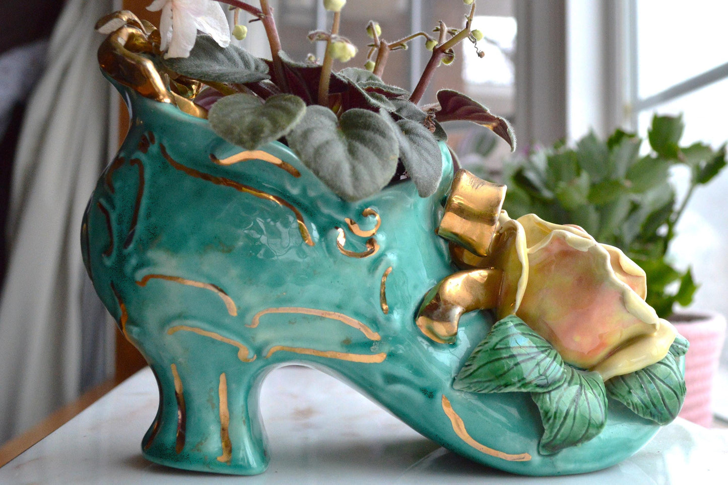 Vintage Signed Barbara McCorkle Ceramic Shoe Planter As-Is Turquoise Rose 7", Flawed