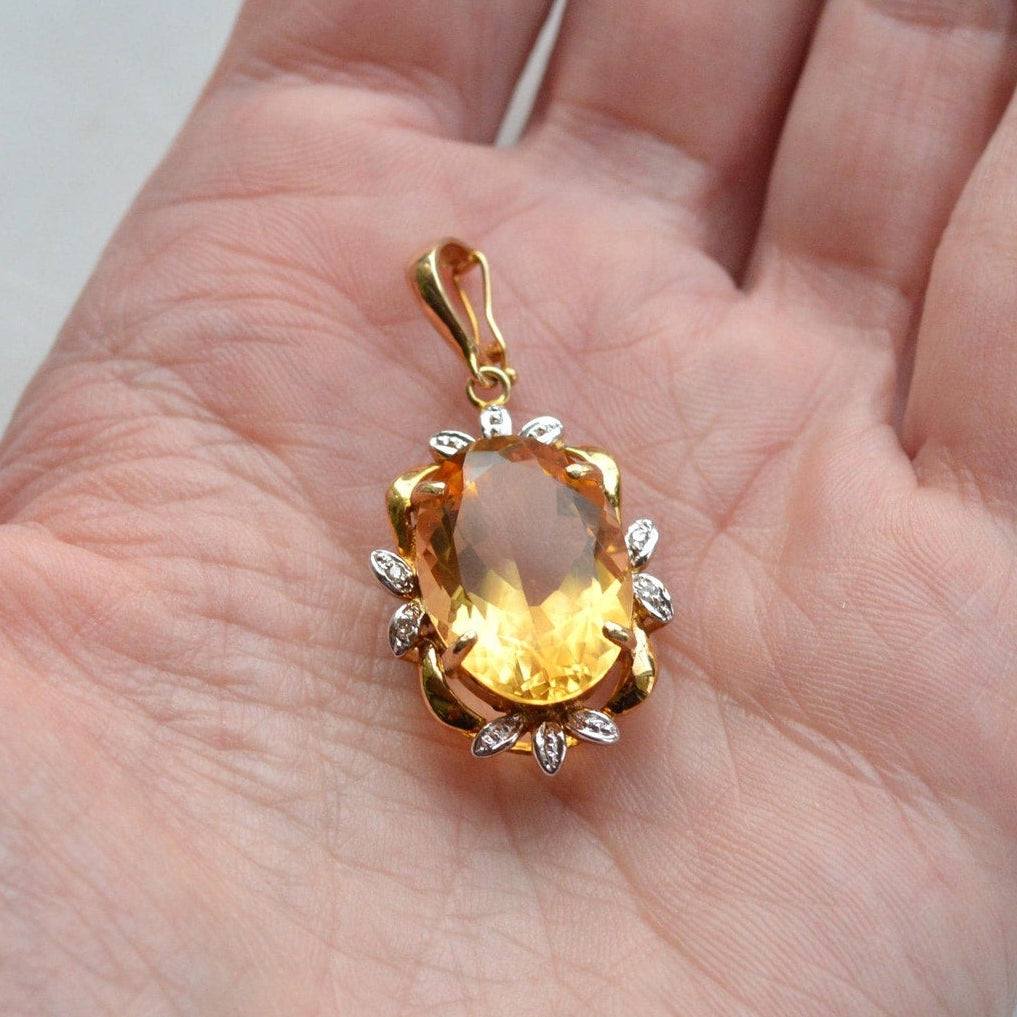 14K Gold Citrine Diamond Pendant – Mid-Century Floral Halo Estate Jewelry