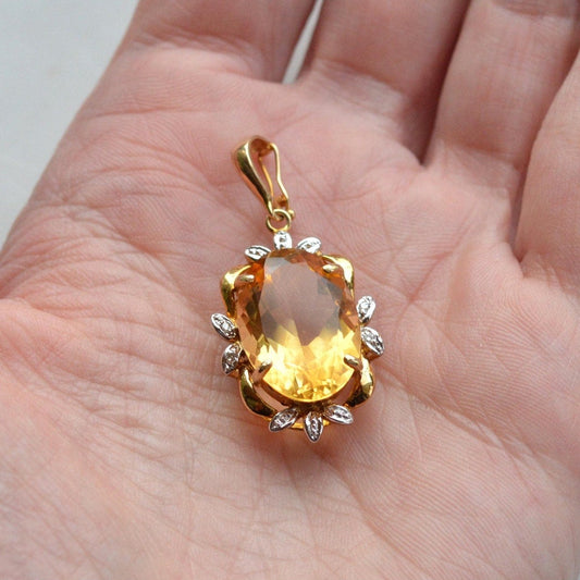 14K Gold Citrine Diamond Pendant – Mid-Century Floral Halo Estate Jewelry