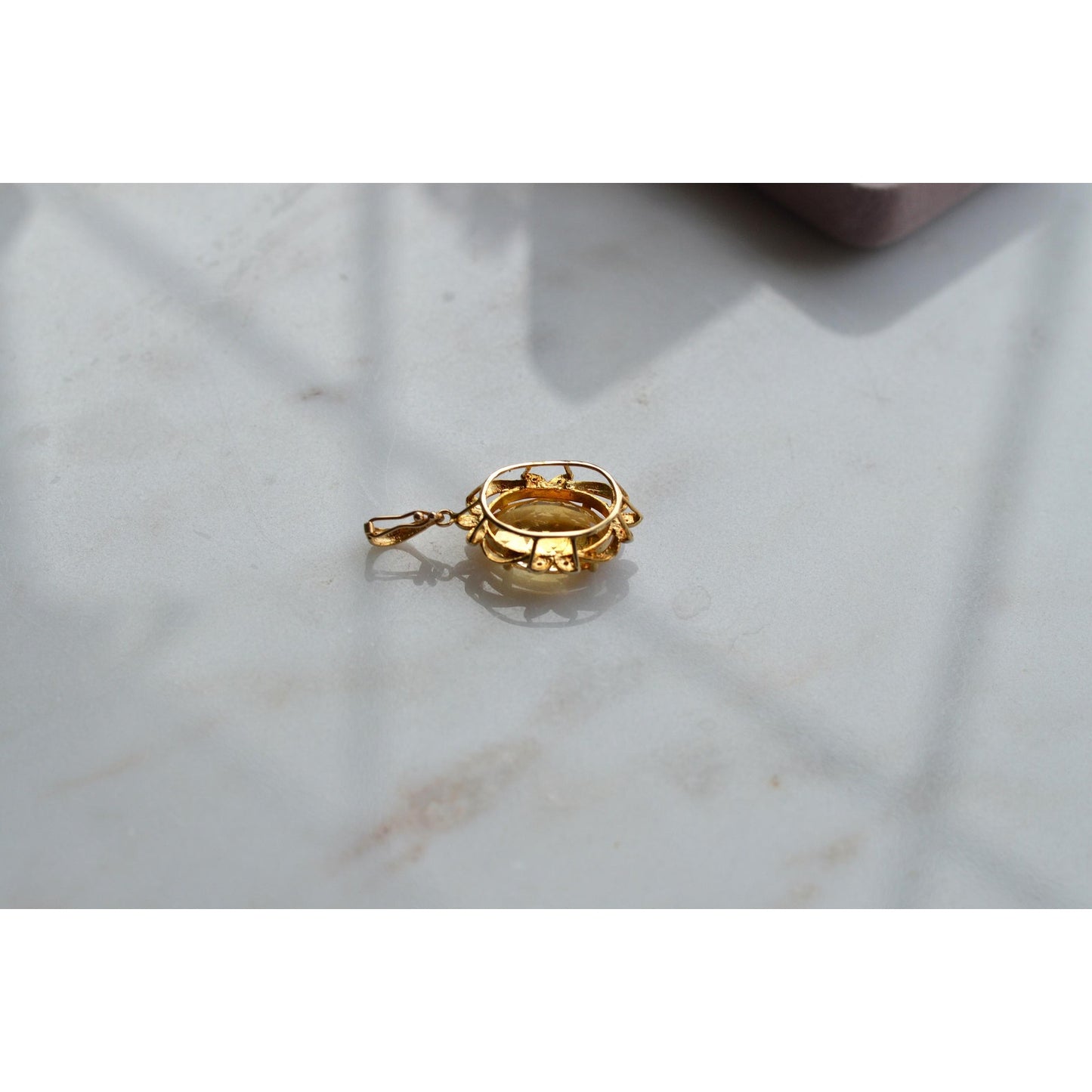 14K Gold Citrine Diamond Pendant – Mid-Century Floral Halo Estate Jewelry