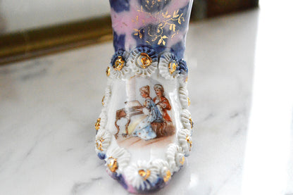 Vintage Victorian Porcelain Boot Figurine – Pink & Cobalt Blue Marbled Bud Vase – 3D Applied Flowers – Antique German Souvenir Shoe