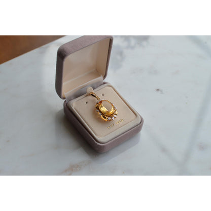 14K Gold Citrine Diamond Pendant – Mid-Century Floral Halo Estate Jewelry
