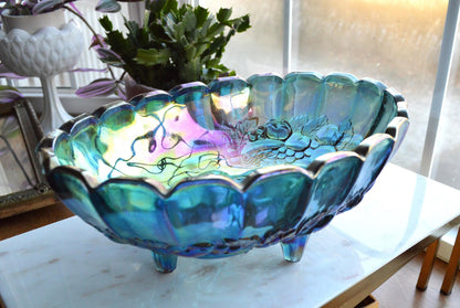 Vintage Indiana Glass "Harvest Grape" Oval Footed Fruit Bowl in Blue Carnival Glass