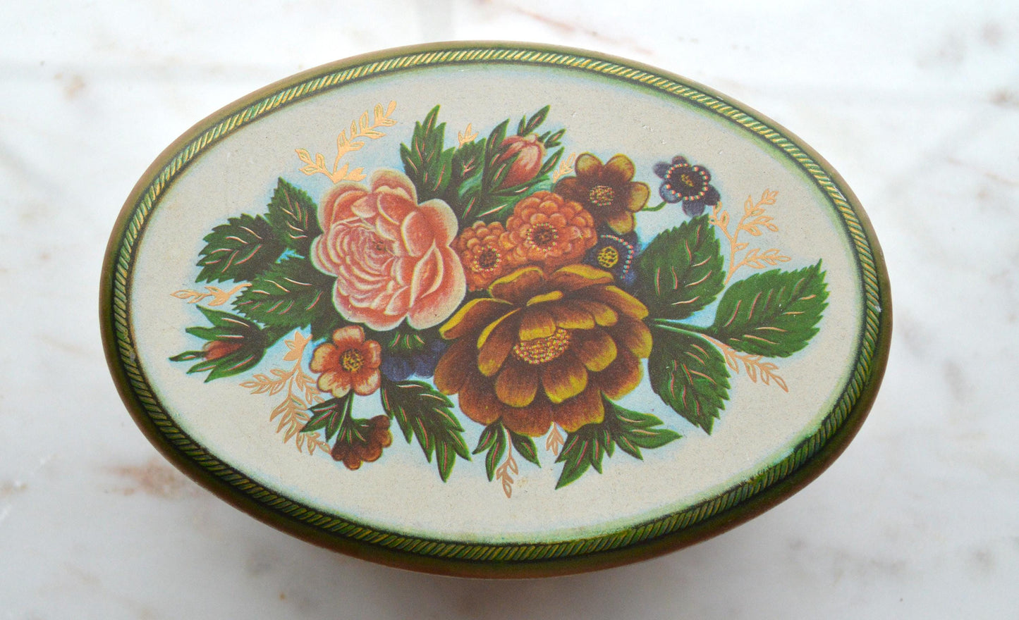 Vintage 1950s Meister Brazil Oval Floral Candy Tin 6x4" Pink Cabbage Rose Box