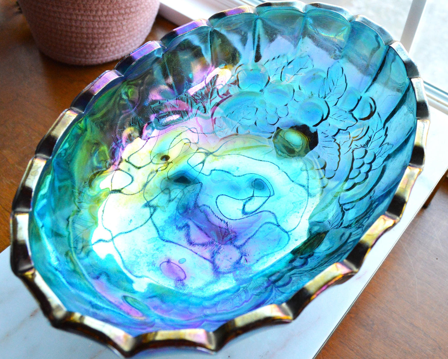 Vintage Indiana Glass "Harvest Grape" Oval Footed Fruit Bowl in Blue Carnival Glass
