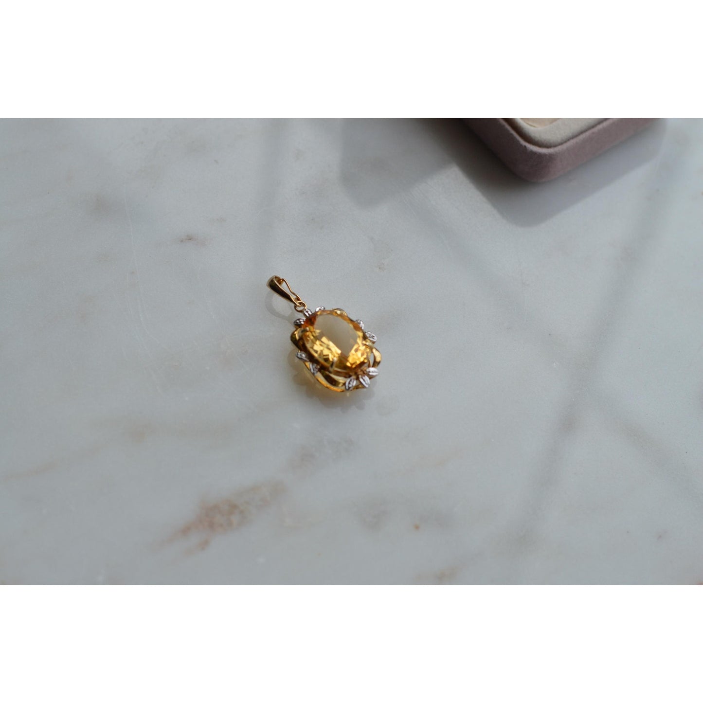 14K Gold Citrine Diamond Pendant – Mid-Century Floral Halo Estate Jewelry