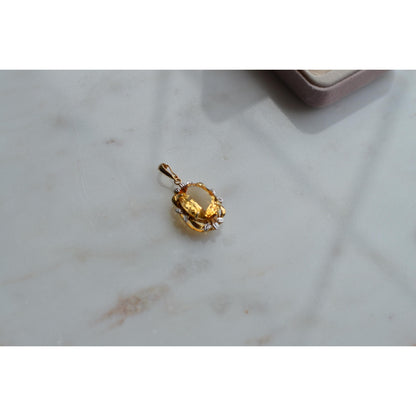 14K Gold Citrine Diamond Pendant – Mid-Century Floral Halo Estate Jewelry