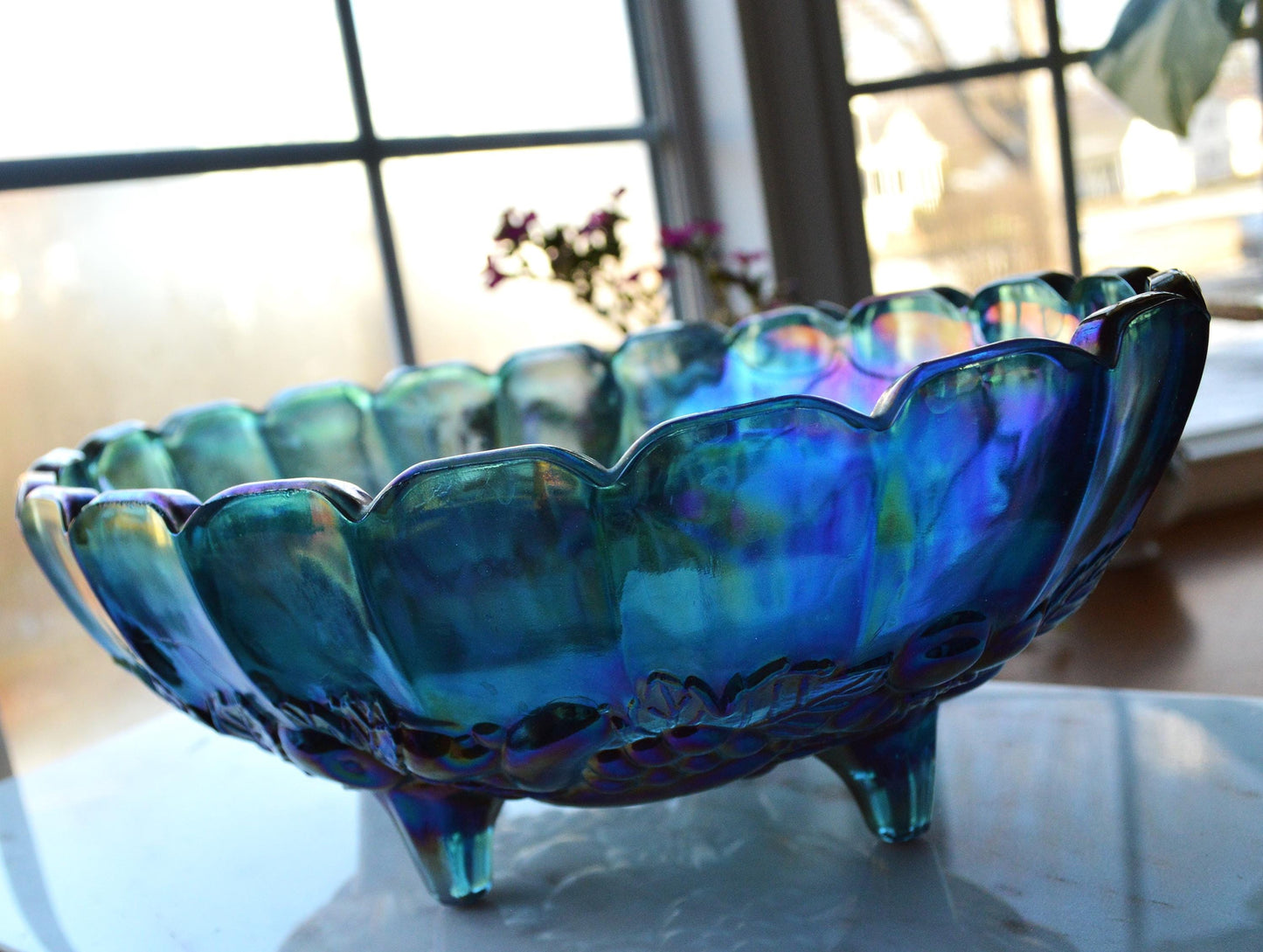 Vintage Indiana Glass "Harvest Grape" Oval Footed Fruit Bowl in Blue Carnival Glass