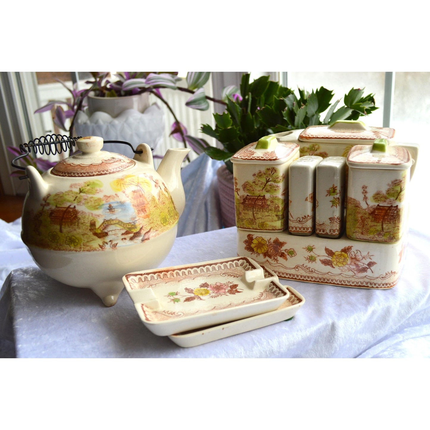 Vintage Brown & Richie "Oriental Gardens" Ceramic Tea and Condiment Caddy Set