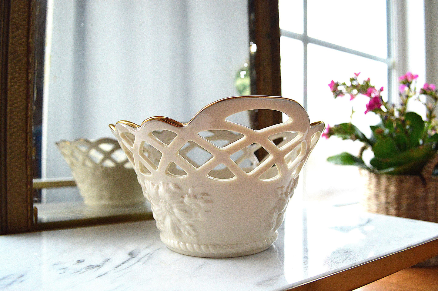Vintage Lenox Golden Meadows Pierced Lattice Basket – Ivory Fine Bone China with 24K Gold Rim – 7" Floral Footed Bowl – Made in USA
