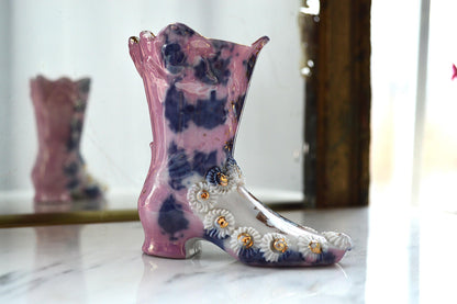 Vintage Victorian Porcelain Boot Figurine – Pink & Cobalt Blue Marbled Bud Vase – 3D Applied Flowers – Antique German Souvenir Shoe