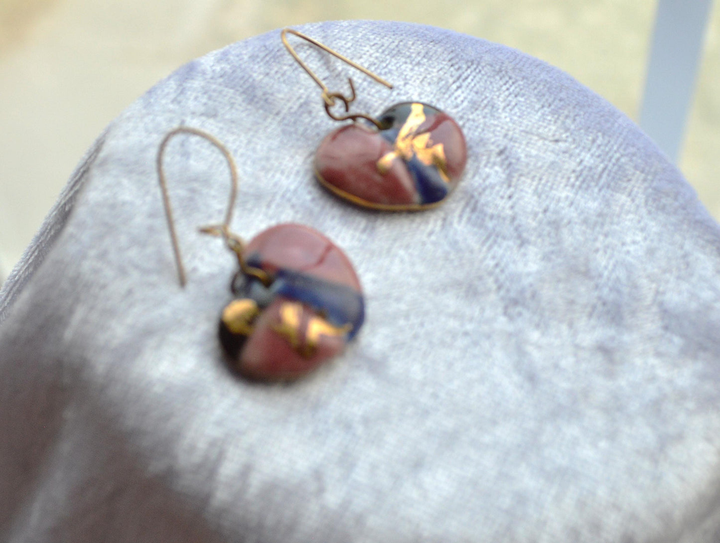 Vintage 1980s Handcrafted Ceramic Heart Brooch Earrings Set, Mauve Cobalt