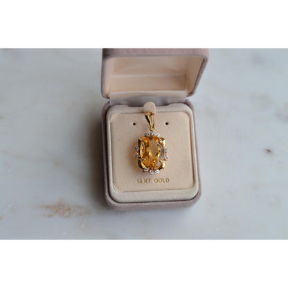 14K Gold Citrine Diamond Pendant – Mid-Century Floral Halo Estate Jewelry