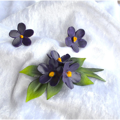 Vintage Violet Belfiore Collection Porcelain Brooch and Earring Set