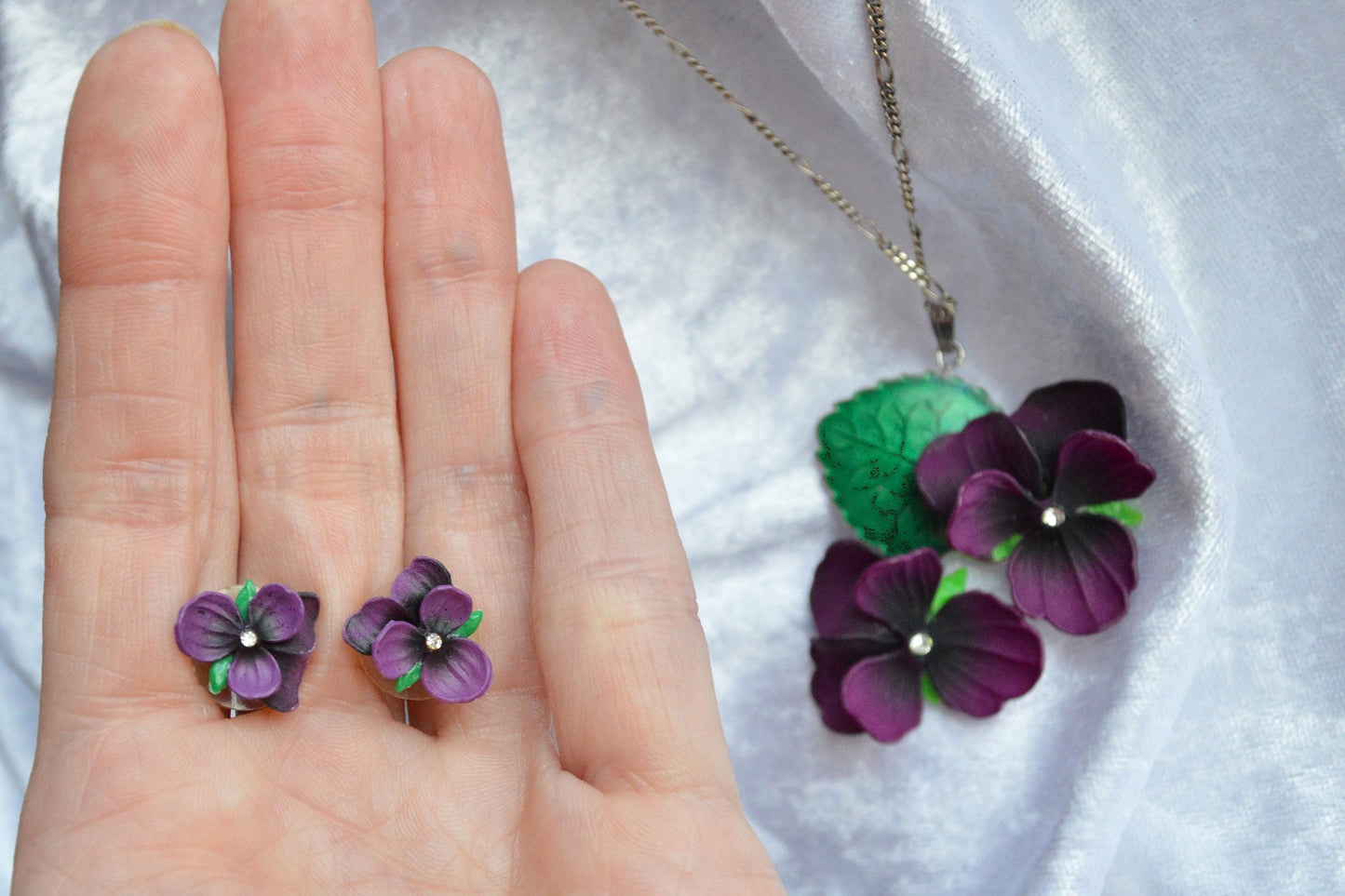 Vintage 1930s Celluloid Parma Violet Pendant Necklace Set 24" Chain Suffragette