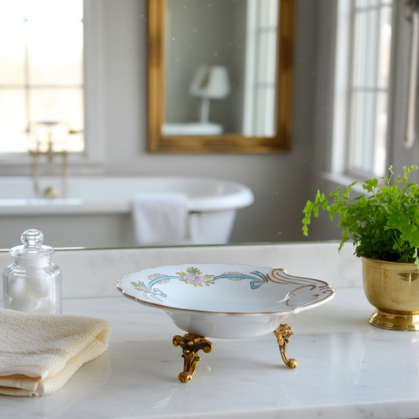 Haviland Porcelain Limoges Soap Dish with Stylebuilt Holywood Regency Gold Plated Leg Base